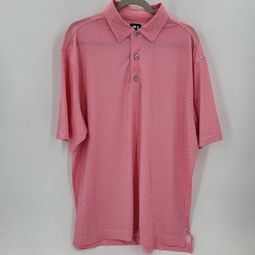 FJ FootJoy Men's Pink Houndstooth Performance Golf Polo FJ Logo Collar Size L